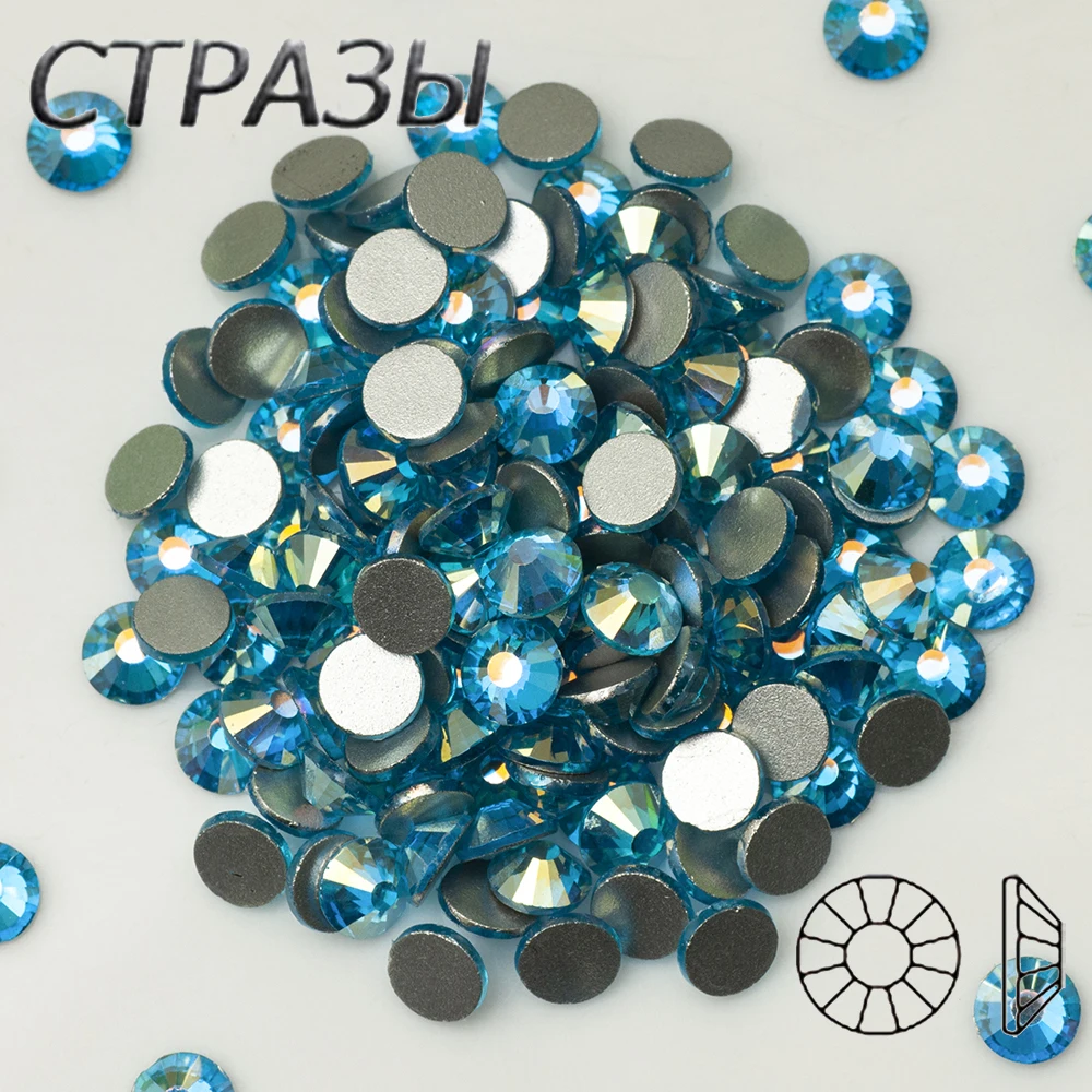 5A SS16 SS20 SS30 Aquamarine AB NO Hot Fix Rhinestone Crystal Glitter Strass Iron On Rhinestones For Nail Art Fabric Garment