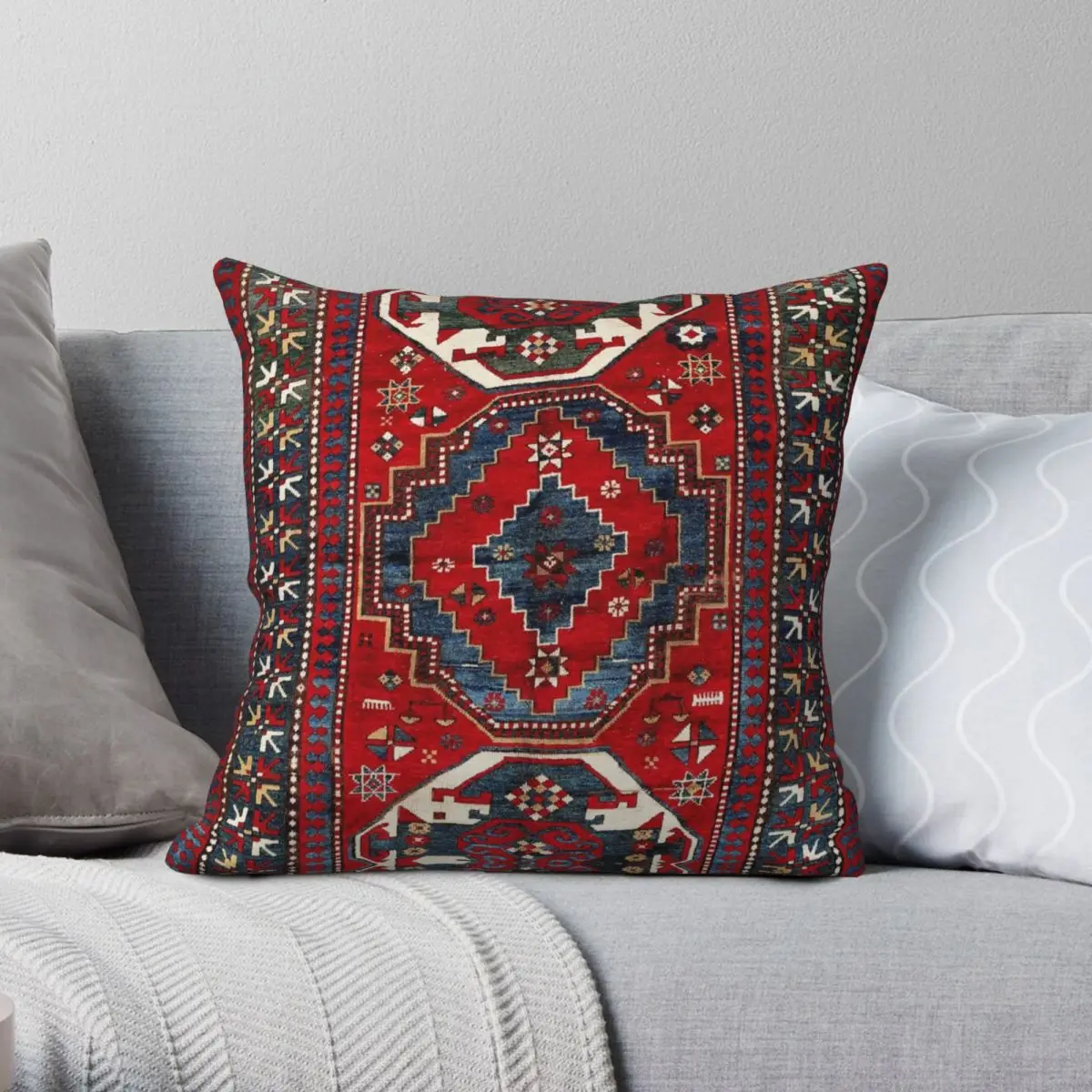 

Kazak Antique Three Medallion Tribal Pillowcase Polyester Linen Velvet Zip Decor Sofa Cushion Cover 18"