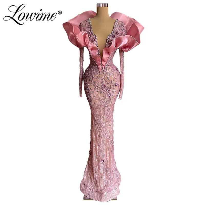 Lowime-vestidos de noche con cuentas árabes para mujer, ropa Formal de manga larga con encaje de sirena para baile de graduación, Dubai, talla grande, 2022