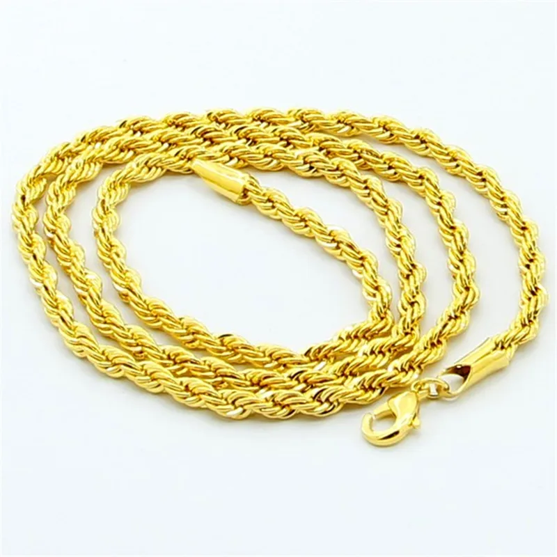 Hip Hop 24K Gold Color Necklace 3MM Twisted Rope Twist Electroplating Gold Necklace for Men & Women Wedding Jewelry Gifts