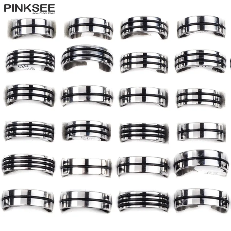 Pinksee 12pcs/lot Mix Style Stainless Steel Rings for Men Women Black Enamel Male Finger Rings Anillo Hombre Jewelry Wholesale