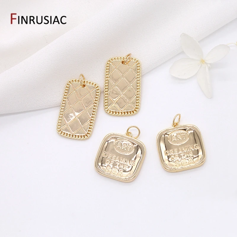 Fashion 14K Real Gold Plated Brass Metal Square Shape Tag Pendants Accessories For Jewellery Making
