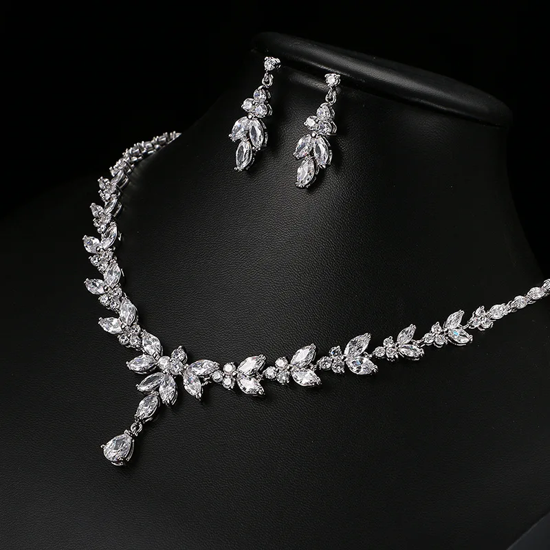 Ekopdee Luxury Brilliant Leaf Jewelry Set For Women Zircon Silver Color Wedding Bridal Necklace Earrings 2021 New Parure Bijoux