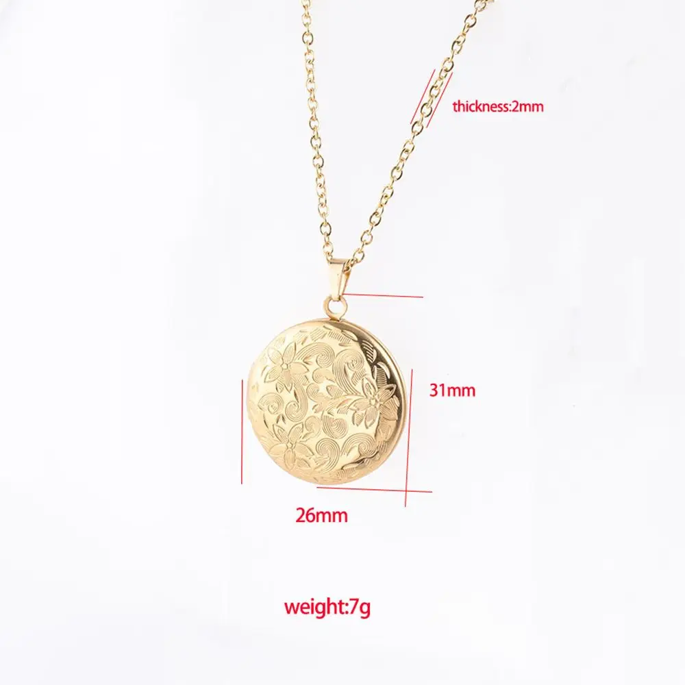 1PC Round Shape Photo Picture Locket Necklace Vintage Three-dimensional Carving Secret Message Locket Pendant Chain Jewelry Gift