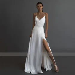 Simple White Wedding Dresses Sexy V-Neck Side Thigh-Slit Spaghetti Straps Bride Dresses Satin A-Line Floor Length Customized