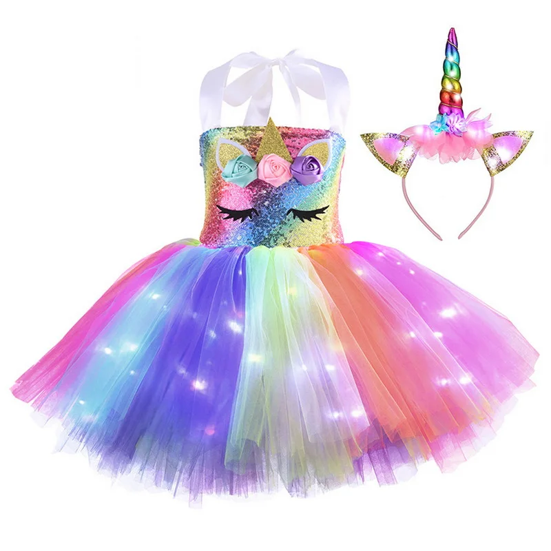 Child Birthday Party Glowing Unicorn Costume Girls Kids Sequin Rainbow LED Lights Tutu Dresses World Book Day Fancy Dress Up