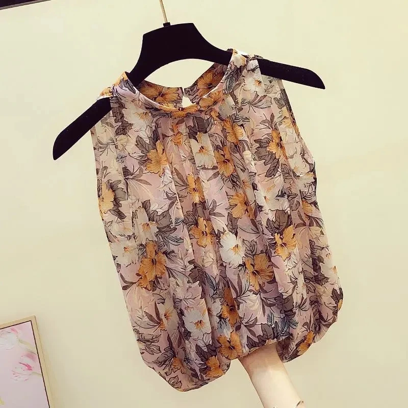 Chemisier à fleurs en mousseline de soie pour femmes, décontracté, sexy, mode coréenne, élégant, ample, sans manches, rétro, chemise vintage, été,