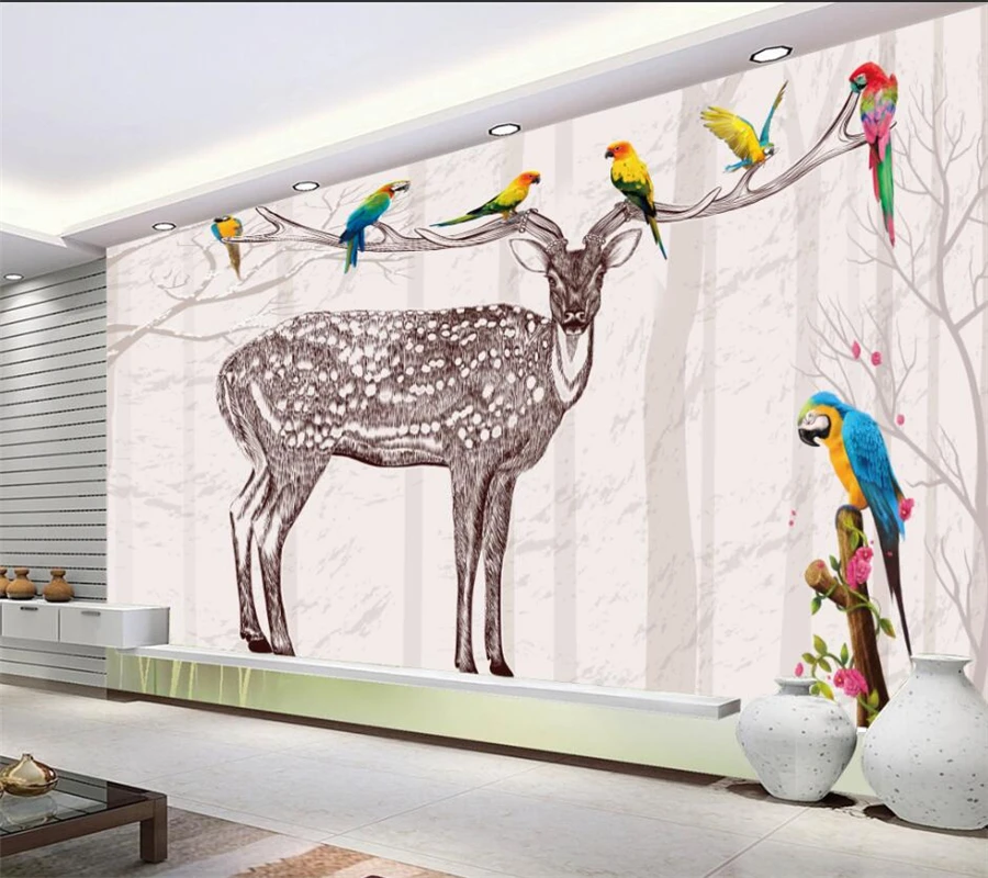 

Custom wallpaper 3d forest deer parrot mural living room bedroom restaurant background wall decoration painting papel de parede