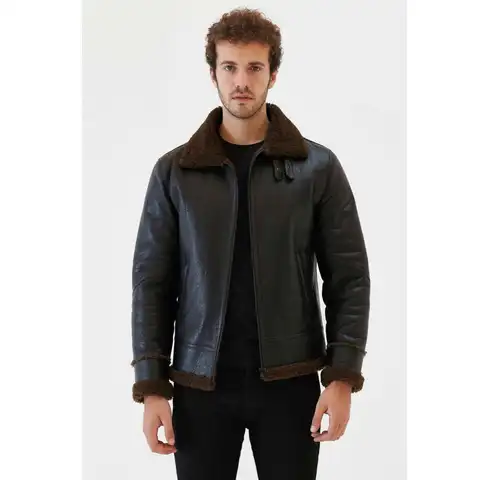 Denny&Dora Men’s Shearling Jacket – Turkey Aviator Style, Short Sheepskin Leather Jacket with Fur