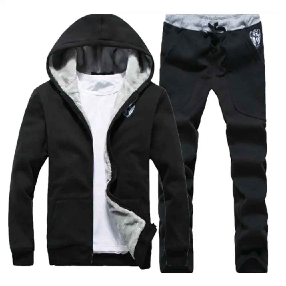 Winter Fleece Men Set Tracksuit Lined Thick Sweatshirt + Pants Sportswear Suit Male Winter Warm Hooded Outerwear Suit