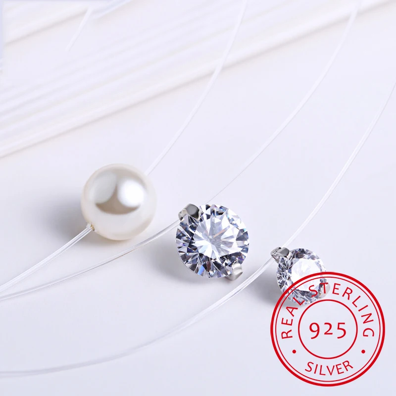 

925 Sterling Silver Zirconia Crystal Pearl Pendant Choker Necklace Transparent Fishing Line 2021 Fine Wedding Jewelry For Women