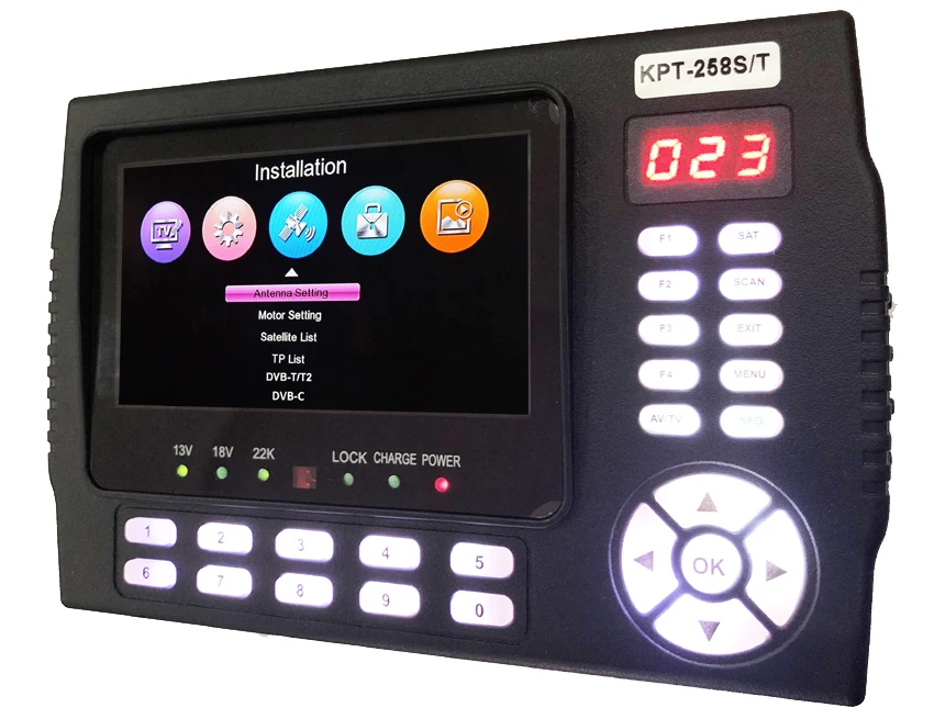 KPT-258ST ตัวค้นหามิเตอร์ดาวเทียมดิจิตอลแบบคอมโบ DVB-C T2 DVB-S2ตัวค้นหาสัญญาณ H.265ตัวค้นหาสัญญาณที่เครื่องระบุตำแหน่งดาวเทียมกล่องรับสัญญาณ