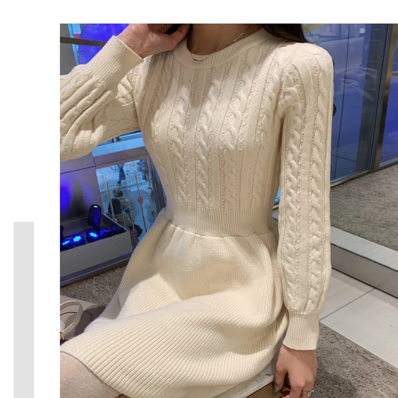 Women Sweater Long Sleeve Dresses Autumn Winter Knitted Patchwork Slim O Neck Elegant Solid Color Cozy Pullover Dresses WDR34