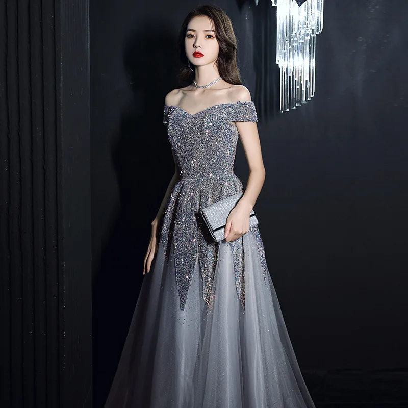 

Off the Shoulder Heavy Sequined Evening Dresses Long Gown For Women Party Lace Up Back Boat Neck Cristal Vestidos de Festa