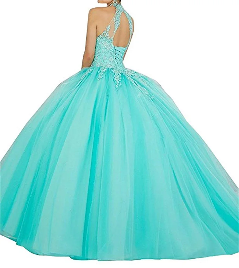 Vestido de fiesta Girls Sweet 16 Quinceanera sukienki Halter koronkowe aplikacje sukienka na studniówkę księżniczka suknia suknie na przyjęcia weselne