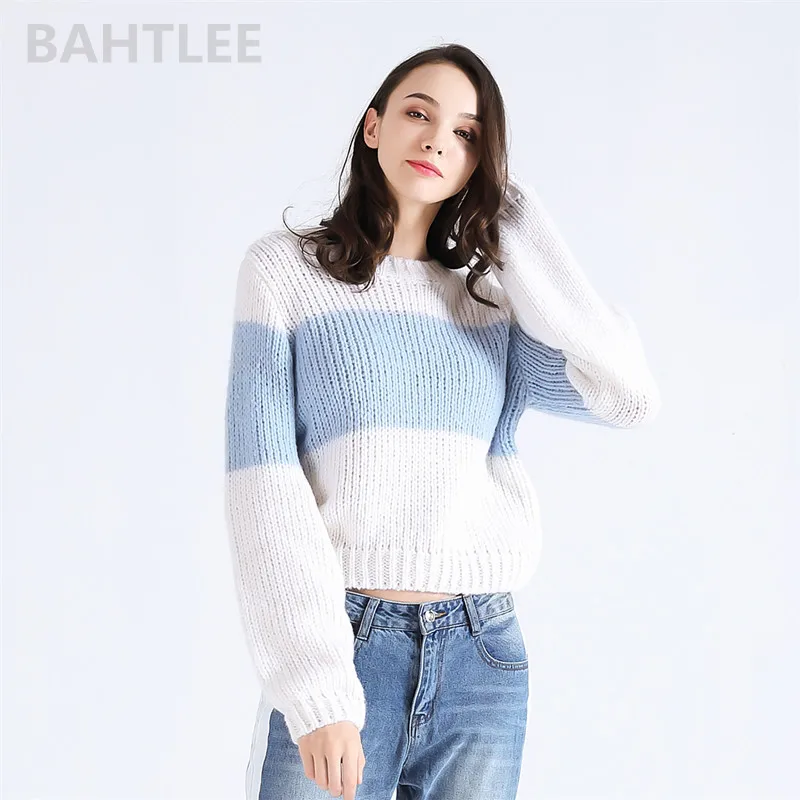 

BAHTLEE-Women's Thick Mohair Sweater, Lantern Sleeves, Wool Knitted Jumper, O-Neck, Stripe Color, Loose Pullovers, Winter