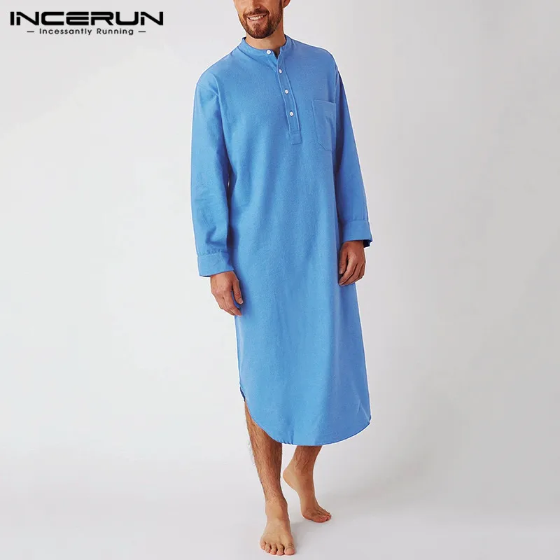 INCERUN Cotton Men\'s Sleep Robes Solid Color Long Sleeve Nightgown O Neck Leisure Mens Bathrobes Comfort 2023 Homewear Plus Size