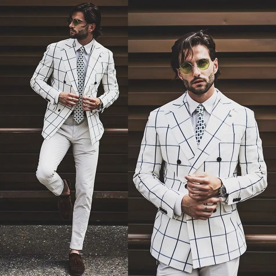 Traje a cuadros blancos para hombre, traje clásico Peaky cegador, traje ajustado, chaqueta de negocios, pantalones, esmoquin de boda personalizado, 2 piezas