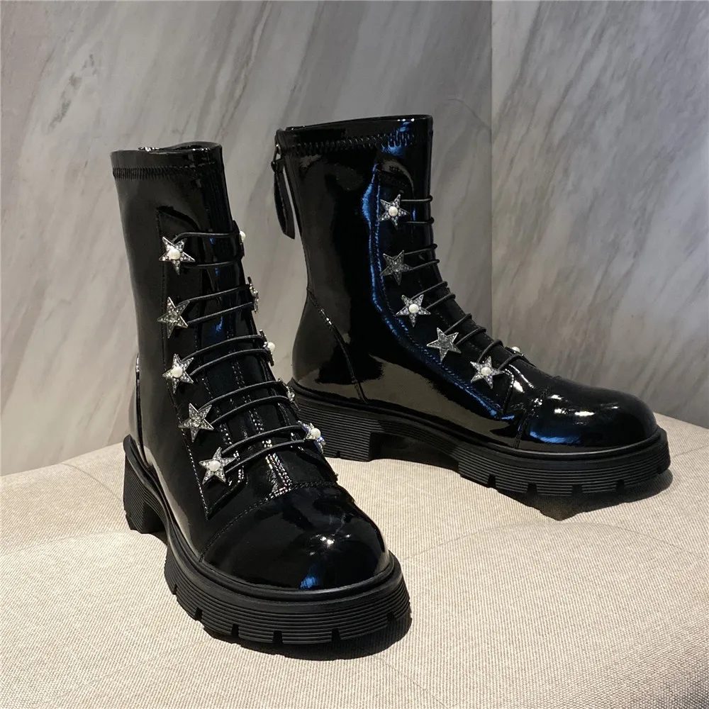 MILI-MIYA New Brand Motorcycle Ankle Boots Women Luxury Crystal Patent Leather Zipper Chunky High Heels Platform Party Wild Shoe