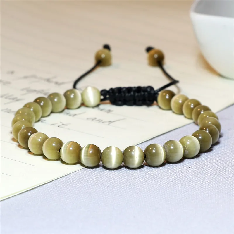 6mm Cat's Eye Opal Beaded Bracelet Natural Stone Bracelets&Bangles For Men And Women Braided Elastic Adjustable Jewelry Pulseras