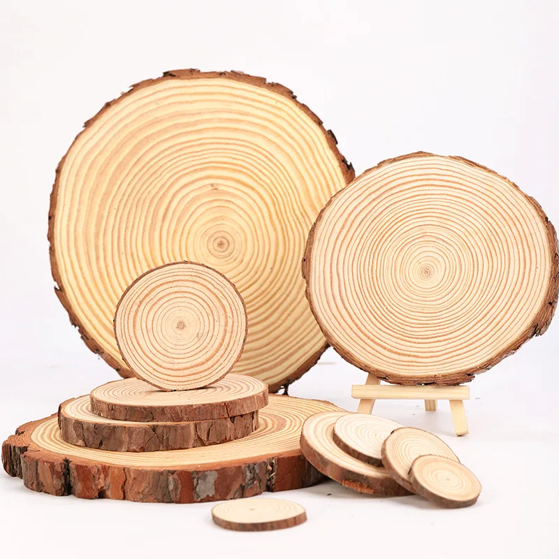 New 3~12cm Natural Pine Round Unfinished Wood Slices Circles With Tree Bark Log Discs DIY Crafts Wedding Party Painting