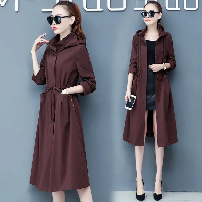 2019 Spring Autumn Classic Long Trench Coat Women Casual Thin Long Sleeve Windbreaker Female Korean Hooded Overcoat Outwear 1180