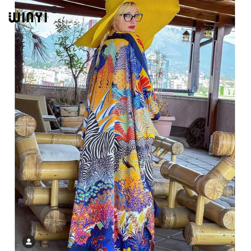 WINYI-kimono de seda con manga de murciélago para mujer, cárdigan sexy de Oriente Medio y África, estilo bohemio, para vacaciones y cóctel