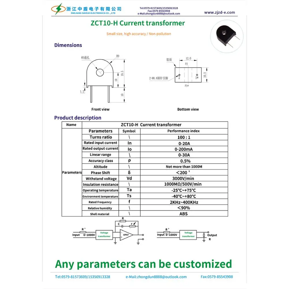 Zhongdun Zct10-h 100/1 100mA High Frequency Pin Small Pcb Mount Micro Current Transformer