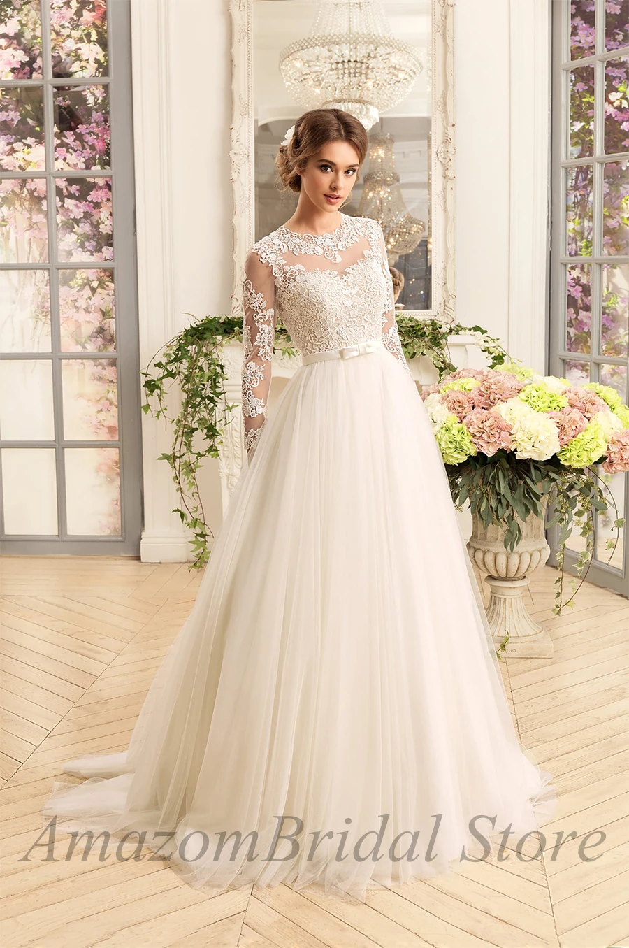 A-line Elegant Long Sleeve Wedding Dresses High Neck Lace Tulle Floor Length Bridal Gown Applique Wedding Dress for Women