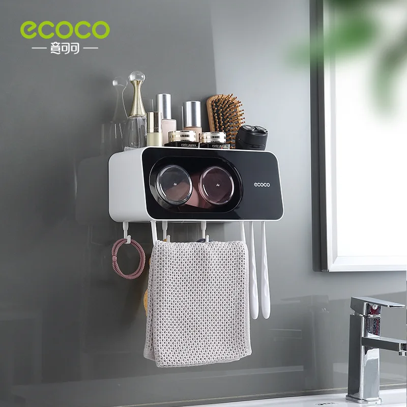 ECOCO Toothbrush Towel Bar Bathroom Wall Mounted Shelf Punch Free Mouthwash Toothbrush Cup Toothpaste Squeezer Storage Holder