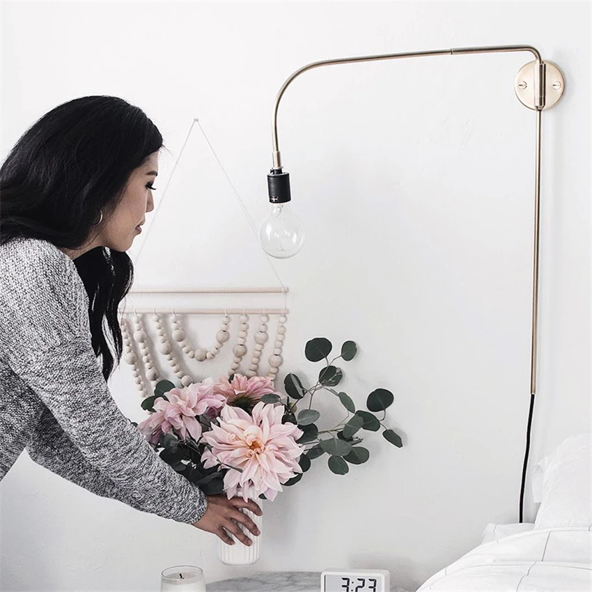 

Nordic Modern Wire Plug Wall Lamps Minimalist Line Designer Living Room Wall Lights Long Arm Retro Bedroom Bedside Deco Fixtures