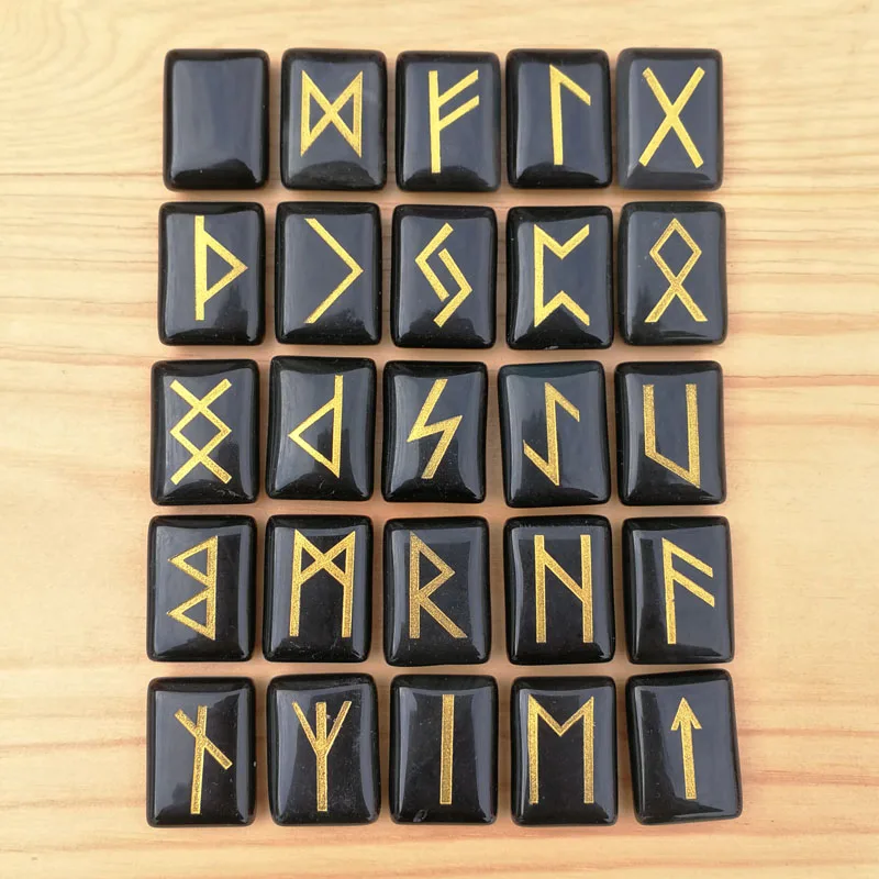 Wholesale 25pcs/lot Natural black onyx Stone Viking Runes Amulet Set Reiki Healing Divination Tumbled rectangle Stones