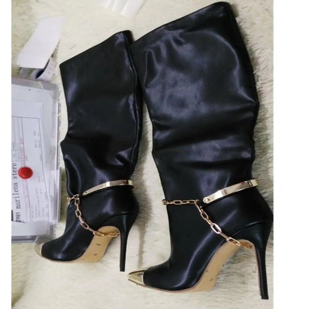 

Knee-High Gold Metal Pointed Toe Boots Thin High Heels Long Women's Boots Slim Fashion Gladiator Chain Sexy Woman Shoes