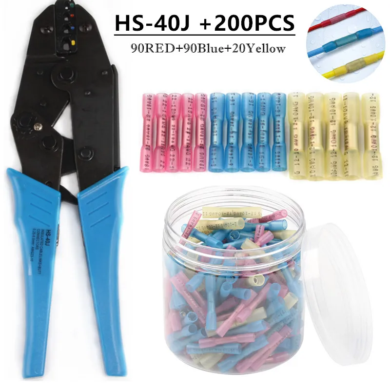 200PCS Heat Shrink Terminals Butt Connectors Crimping Plier Waterproof Connector  Ratchet Pliers Pre-Insulated HS-40J 23-10AWG