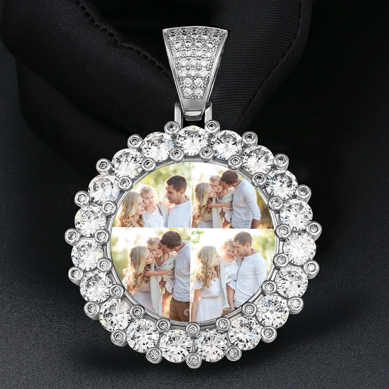 Round Memory Medallions Bling Zirconia Iced Out Pendant Custom Photo Necklace Mens Hip Hop Jewelry PersonaliZed Engraved Name