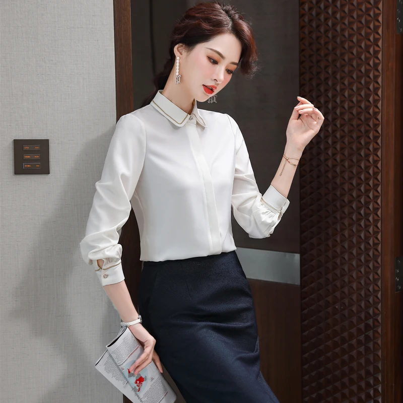 Lenshin New Fabric High-quality Smooth and Soft Patchw Shirt for Women Blouse Tie Elegant Tops Long Sleeve Office Lady Work Wear