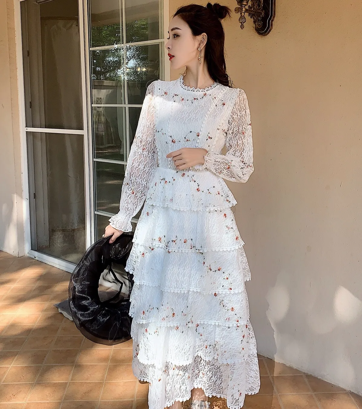 2021ฤดูใบไม้ผลิแฟชั่นผู้หญิงปักลูกไม้ Maxi ชุดสตรีแขนยาว Elegant Slim Ruffles Elegant ชุดยาว