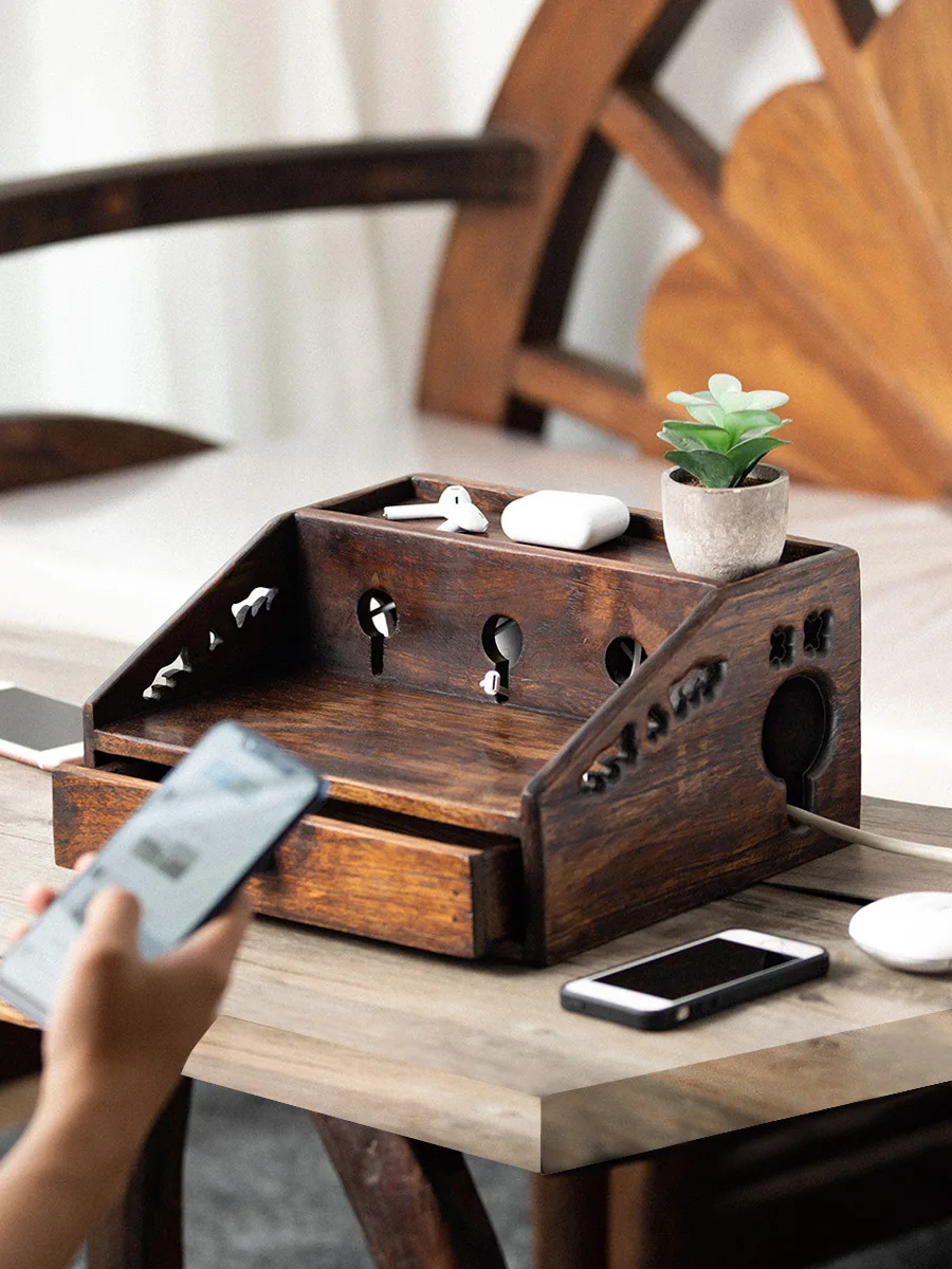 Classic distressed multifunctional desktop wooden organize storage box Retro power cord keeps tidy storage boxs