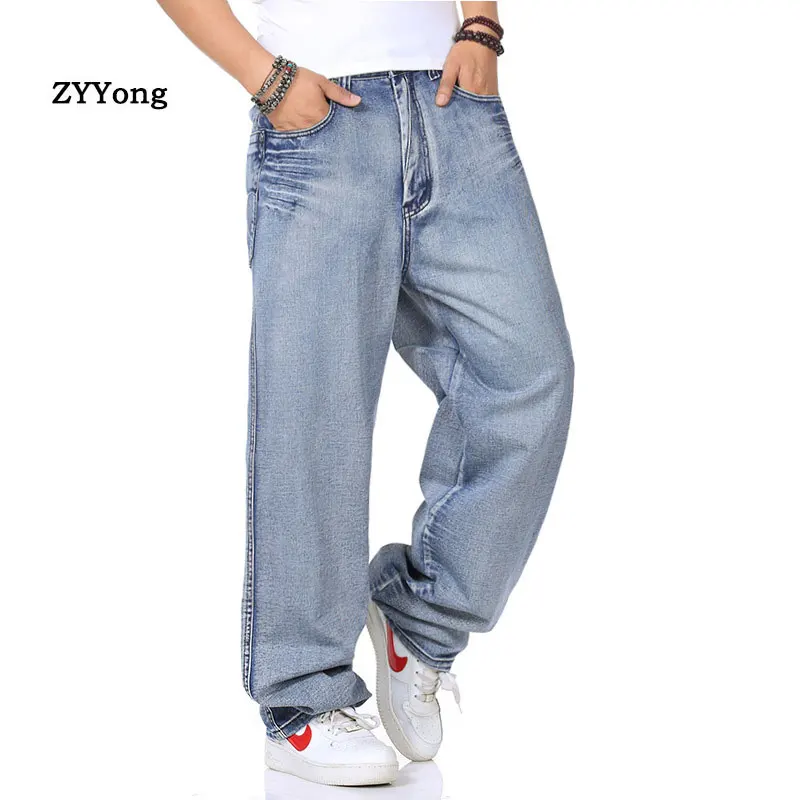 2021 Straight Brand Jeans Men Baggy Plus Size 30-46 Skateboard Tactical Joggers Wide Leg Denim Pants Light Blue Trousers