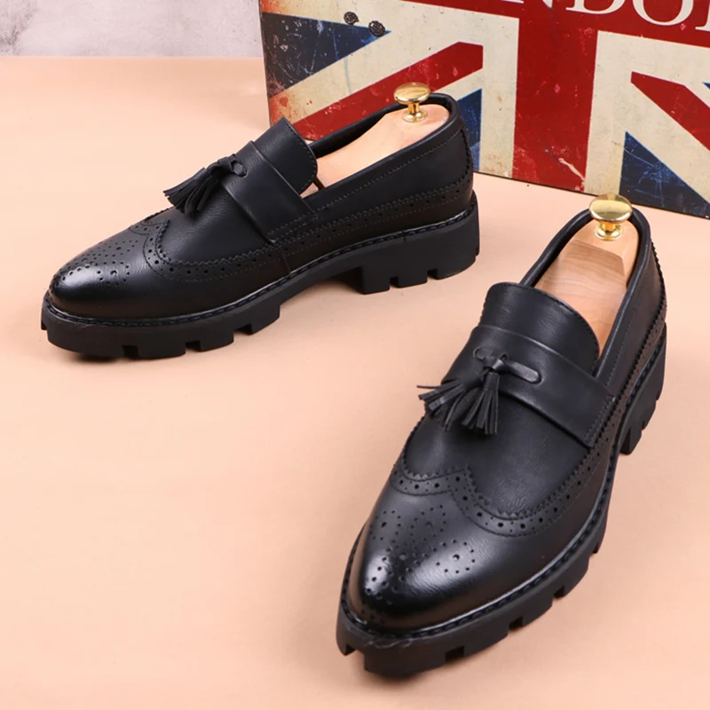 men casual business wedding formal dress cow leather tassels shoes slip-on brogues shoe black platform bullock loafers zapatos