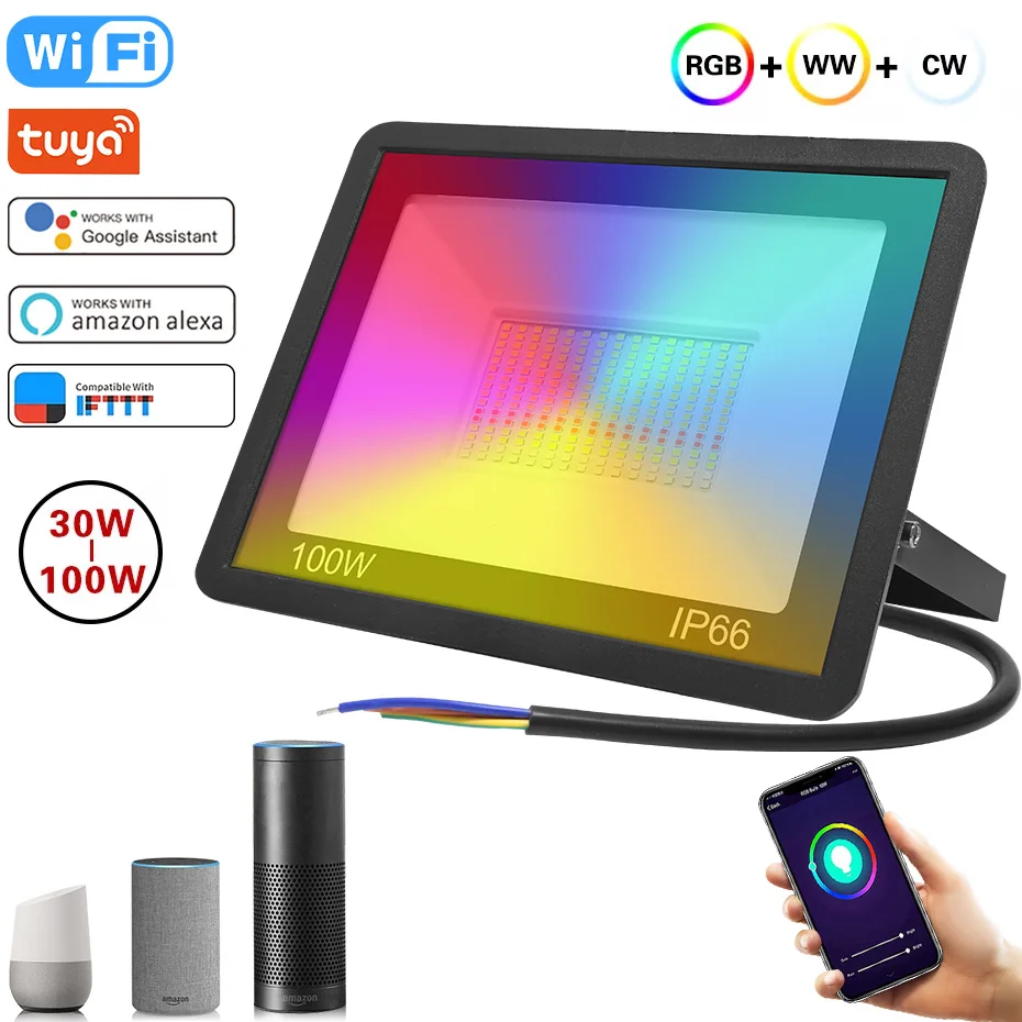 Tuya-Projecteur LED intelligent, réflecteur d'éclairage extérieur, lumière blanche chaude et froide à intensité variable, RVB, Alexa et Google Home, 220V, 30W, 50W, 100W