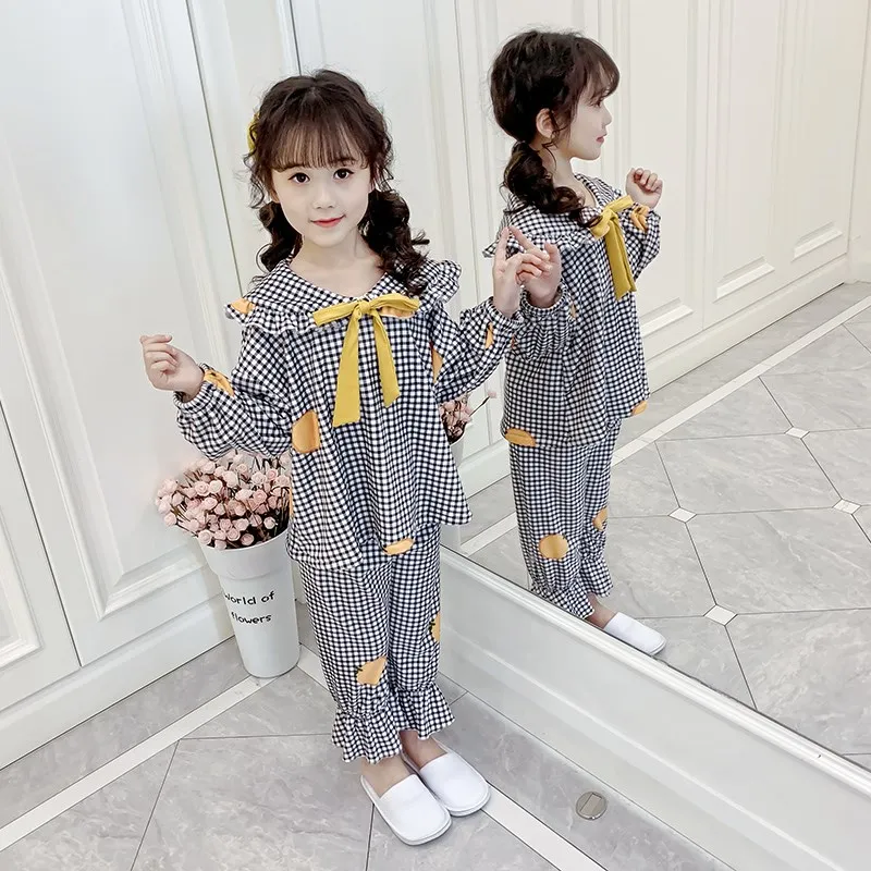 

Girls Pajamas Spring and Autumn Cotton Long Sleeve Suit Children's Fashion Ruffles Plaid Spliced Clothing Set Home Clothes P324