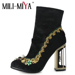 MILI-MIYA Luxury Pearl Rhinestone Flower Women Ankle Boots Wedding Retro Ladies Strange High Heels Zipper Velvet Handmade Shoes