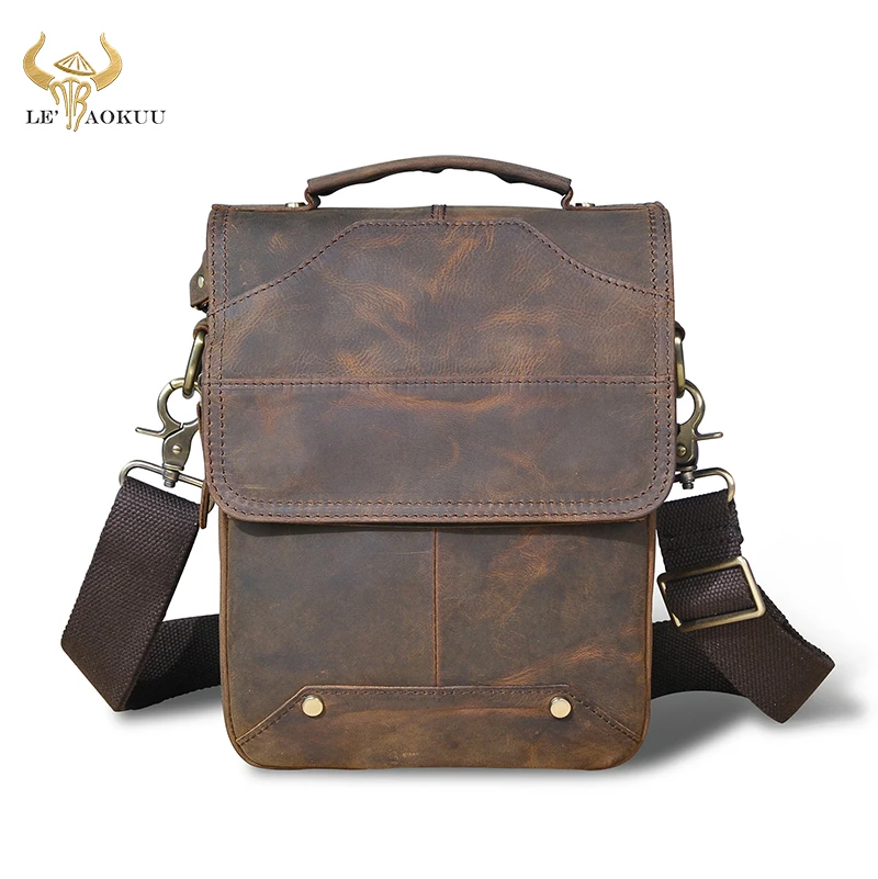 Crazy Horse Leather Male Casual Design Student Messenger Cross-body bag Fashion College Tablet Tote Mochila Satchel bag 151