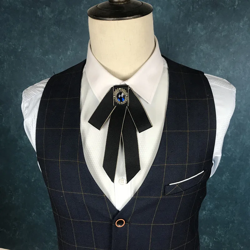 New Retro Handmade Pano Arte Estilo Britânico Tecido Pescoço Gravatas Cristal Bow Tie para Mulheres Tops e Blusas Camisa Collar Acessórios