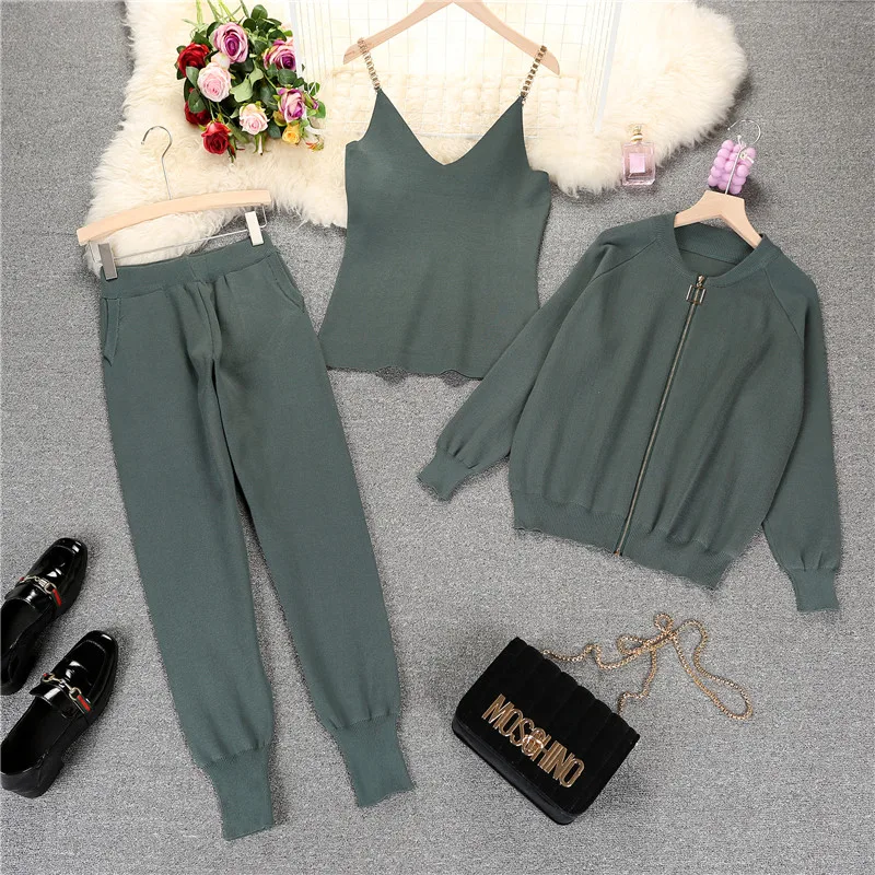 Amolapha Women 2024 Autumn Winter Knitted Cardigans + Camisole + Pants 3pcs Sets Knitting Coat+ Vest+Trousers Tracksuits Outfits