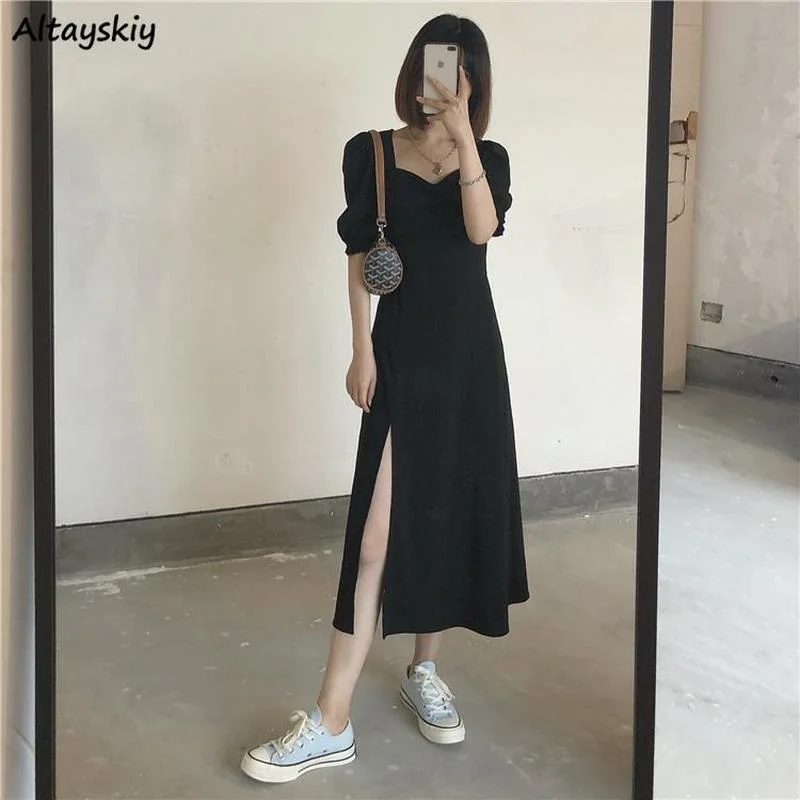 Dress Women Square Collar Holiday Lady Sundress Side-slit Design Pure Summer Sexy Fashion Vintage French Style Simple High Waist