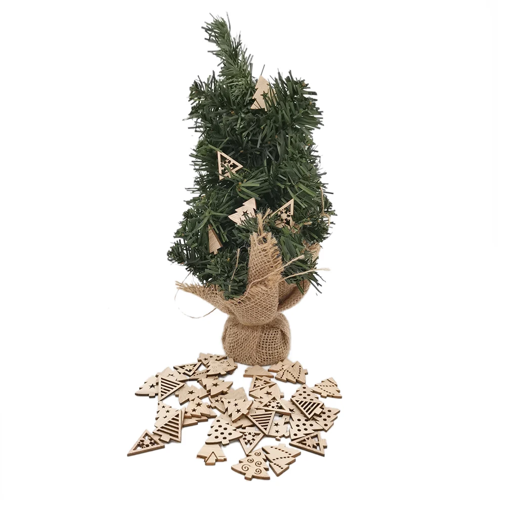 50pcs Christmas DIY Assorted Wooden Xmas Tree Cutouts Craft Embellishment Gift Tag Wood Ornament for Christmas Weding Decor