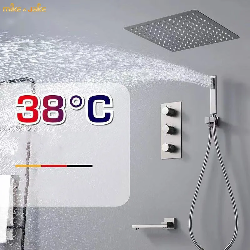 Gun metal top ceiling 12inch shower set thermostatic 3functio rainfall bath shower set bathroom matt black constant shower mixer