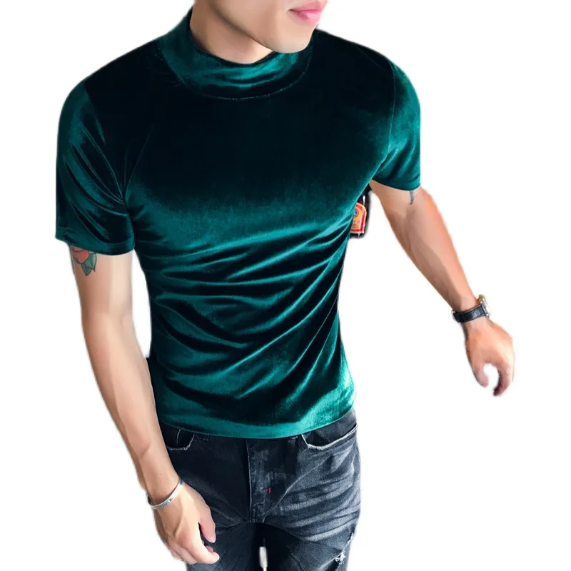 2021British Casual Double-sided Velvet Short Sleeve Base Tshirt For Men Autumn Winter Men\'s Half-high Collar black Thick T-shirt